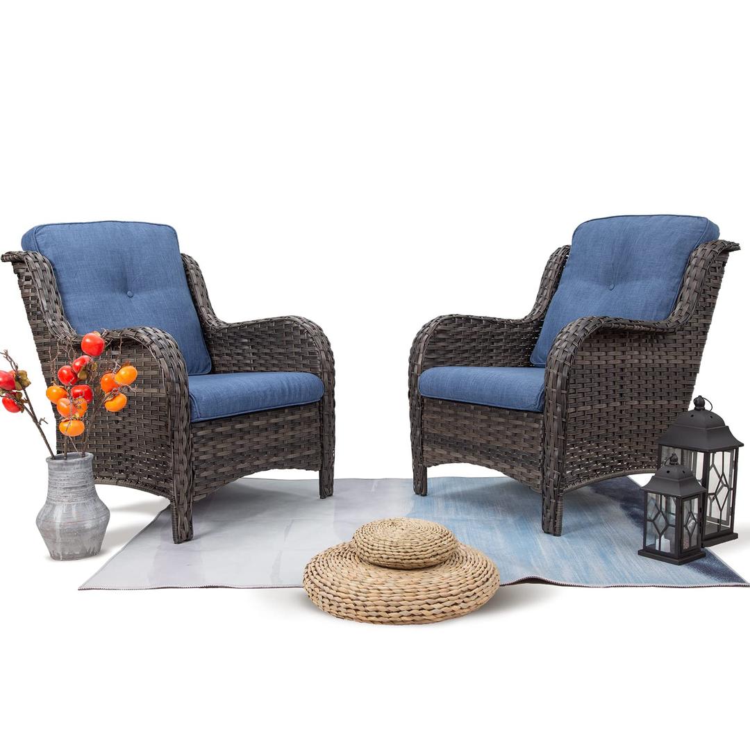 Joyside Outdoor Wicker Chair Rattan Patio Dining Chairs Set of 2 PE Wicker Patio Chairs with 4inch Seat Cushions Outdoor Patio Seating Chair for Garden, Backyard Deck(Mixed Grey/Blue)