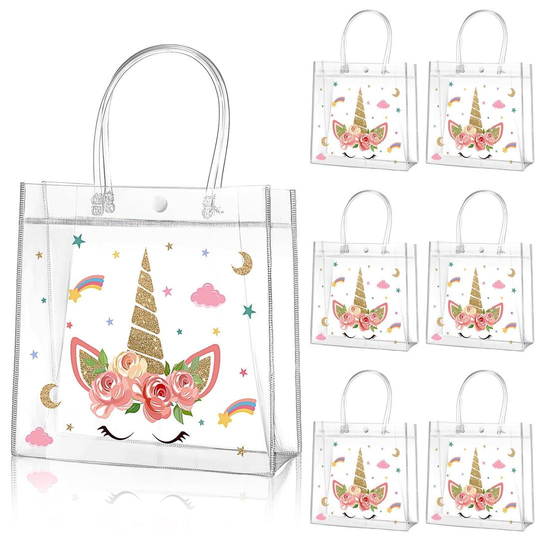 Aliceset 20 Pcs Unicorn Clear Favor Bags with Handles Plastic Unicorn Party Treat Bags Pink Unicorn Rainbow Goodie Bags for Birthday Party Unicorn Party Supplies Candy, 8 x 8 x 3.15 Inch