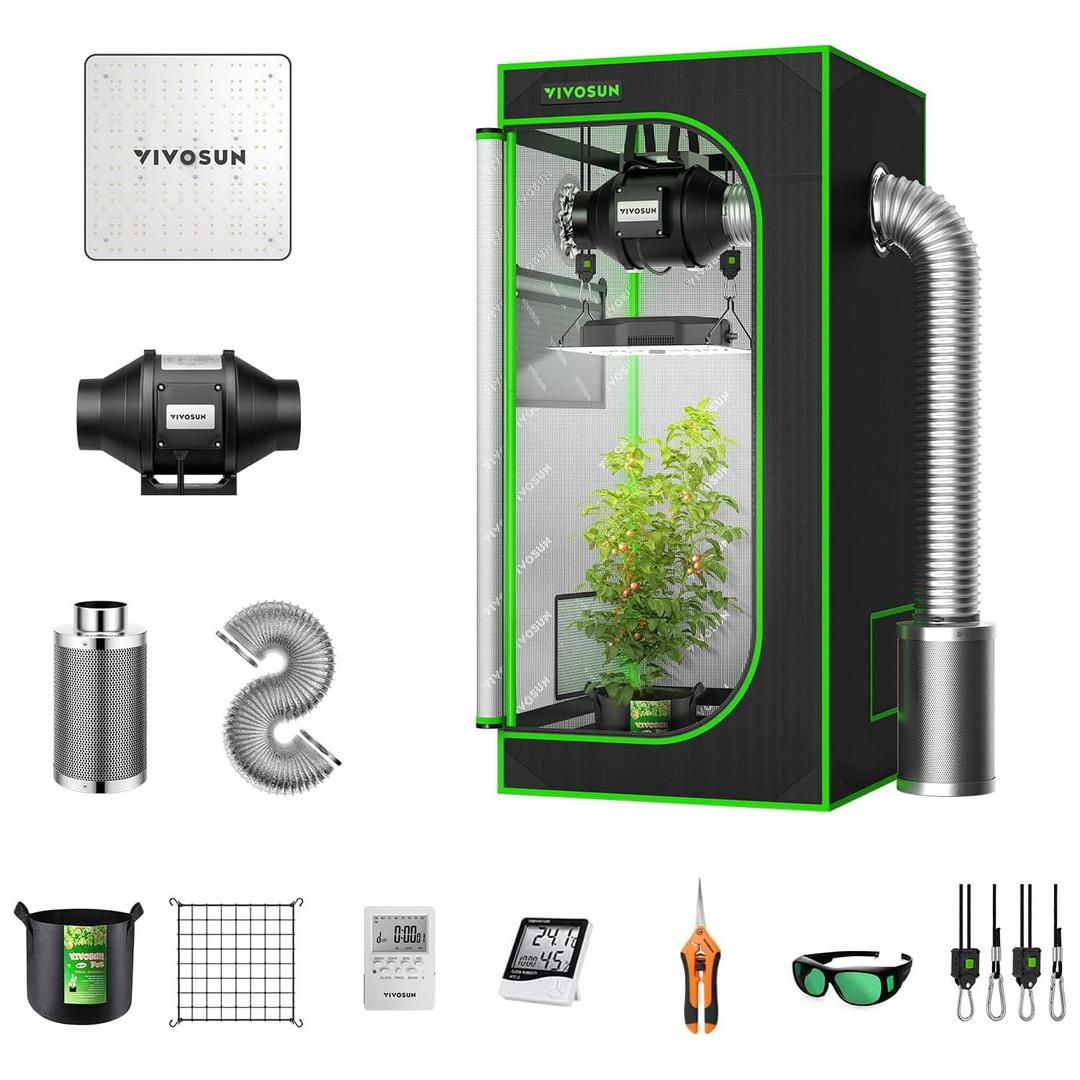 VIVOSUN Grow Tent Complete System, 2 x 2 ft. Grow Tent Kit Complete with VS1000 Led Grow Light, 4 Inch 190CFM Inline Fan, Carbon Filter and 8ft Ducting Combo, 24" x 24" x 48"