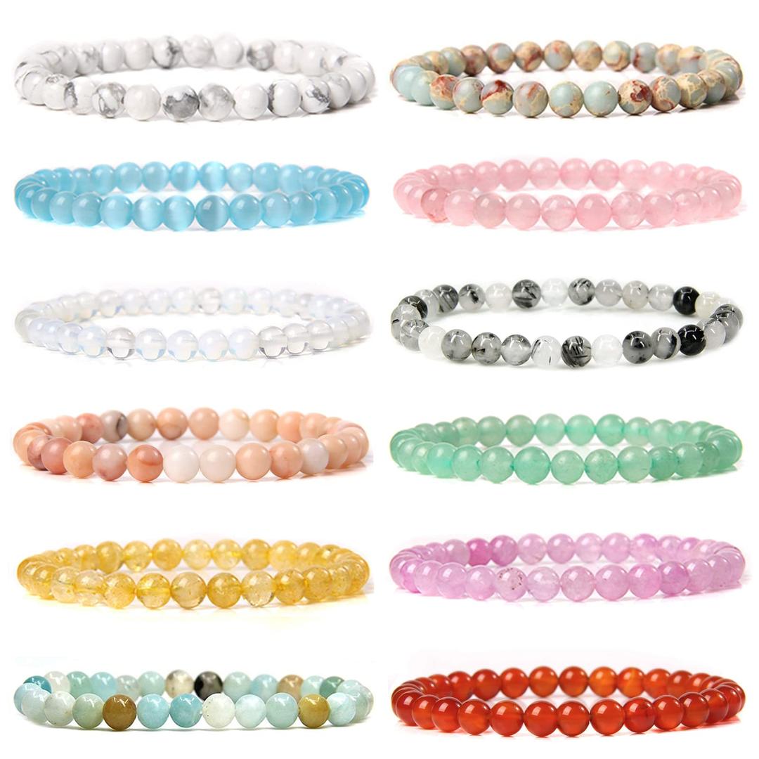 12Pcs Gemstone 6mm Semi Precious Round Beaded Bracelet Set For Women Men Healing Crystal Stretch Energy Stone Bead Bracelets Jewelry