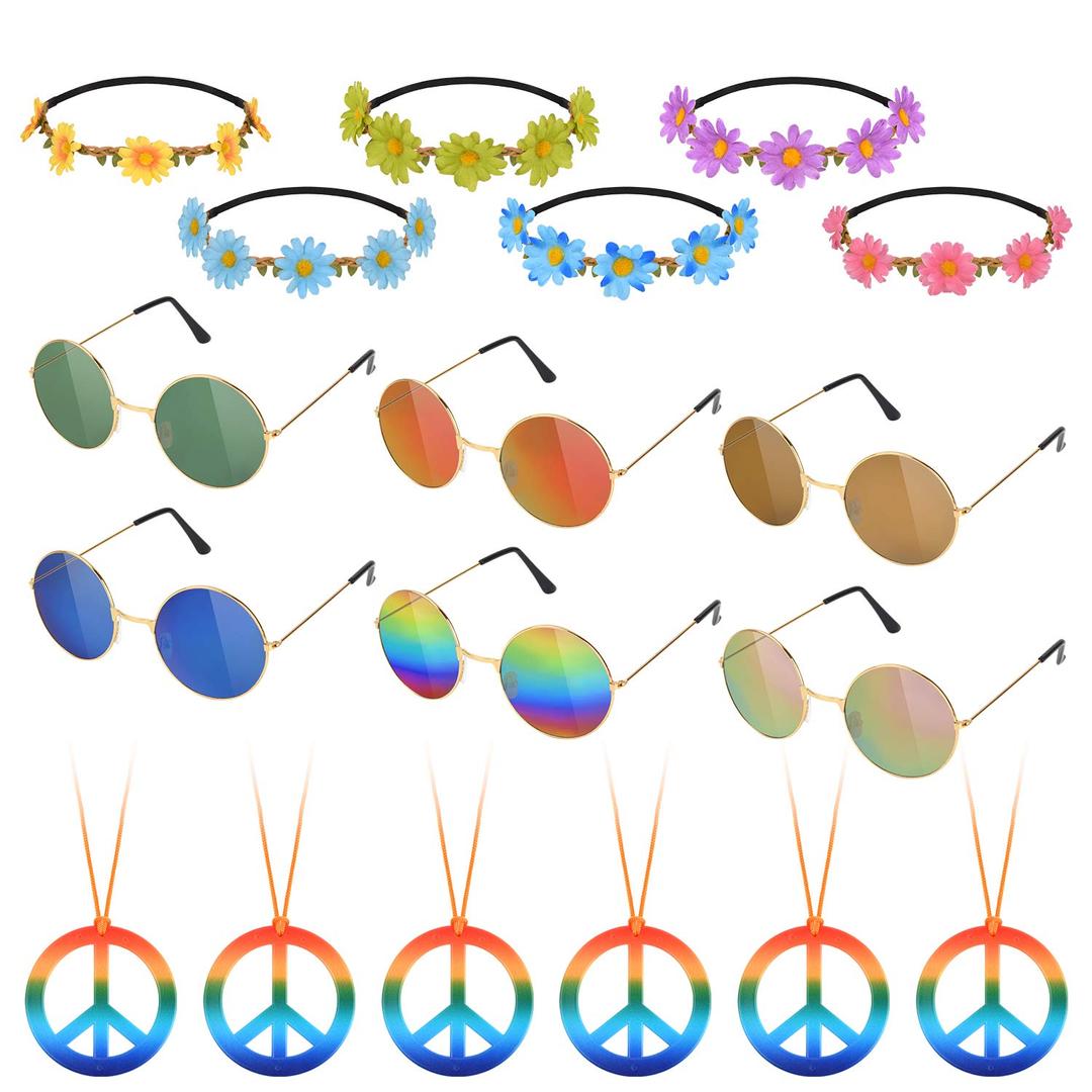 Hotusi 18Pcs Hippie Costume Accessory Set for 60s 70s Dressing Accessory Hippie Party Supplies(6pcs Peace Sign Necklaces+ 6pcs Daisy Sunflower Headbands+6pcs Retro Round Sunglasses)