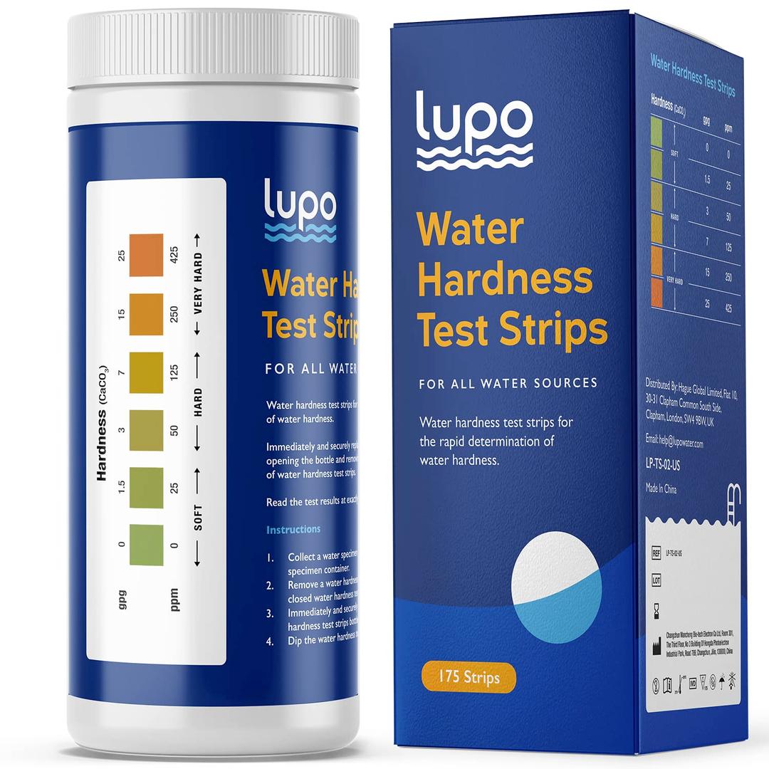 Lupo Premium Water Hardness Test Kit | Quick & Accurate Hard Water Test Kit for Measuring Water Hardness from All Water Sources | 0-425 ppm (Calcium Carbonate) | Large Pack Size: 175 Test Strips