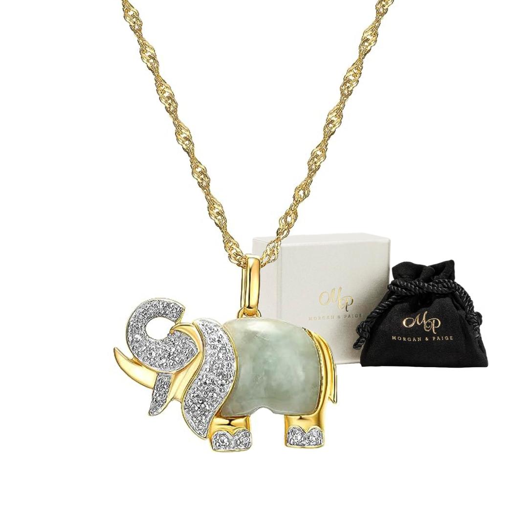 MORGAN & PAIGE925 Sterling Silver 18K Gold Plated Genuine Jade Necklaces for Women - Elephant & White Sapphire or Turtle & 1/10 cttw Diamond Pendant, Animal Gold Necklace for Women Jewelry 18"