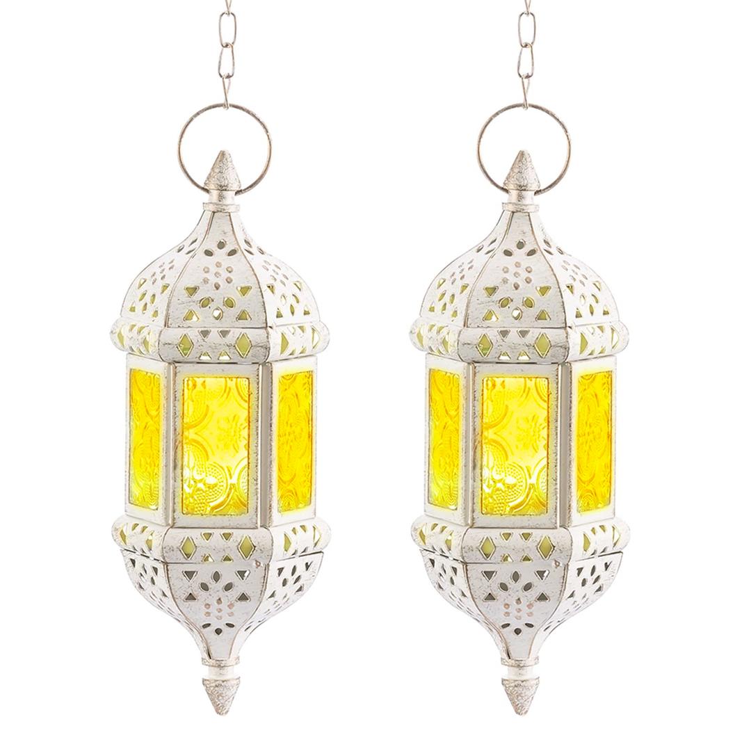 2 Pcs Moroccan Lantern Metalwork Hanging Tealight Candle Holder Metal Glass Indoor Outdoor Battery Operated LED Flameless with 13.8 inches Chain, White