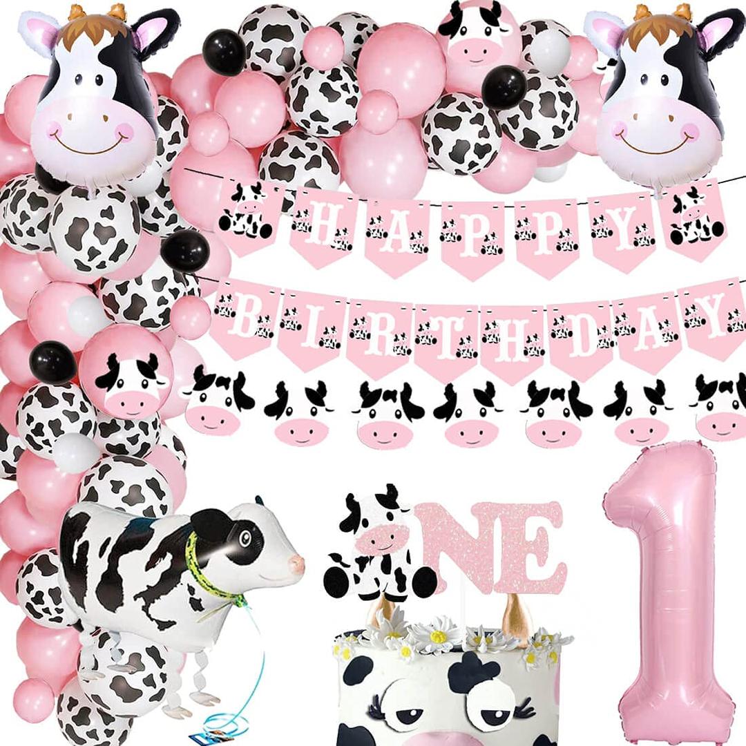 HEETONCow Happy Birthday Banner and One Cake Topper Pink Party Supplies Decorations Cow First Birthday Balloon Garland Farm Zoo Animal Themed One Birthday Party Baby Girl Photo