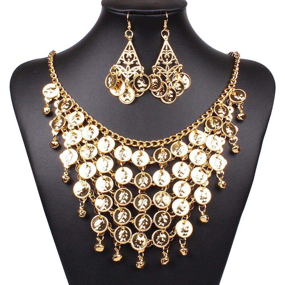 OULII Belly Dance Jewelry Set Gold Necklace Earrings for Party Favors Costume Accessories