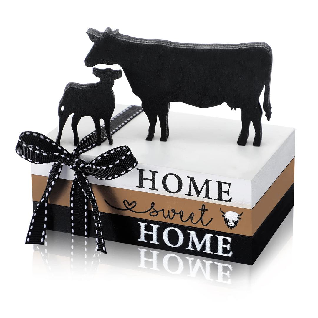 Geetery 5 Pcs Wood Farm Cow Decor Farmhouse Cow Sign Farm Home Tiered Tray Decor Rustic Mini Wood Book Stacks Table Decorations for Home Living Room Table Sign