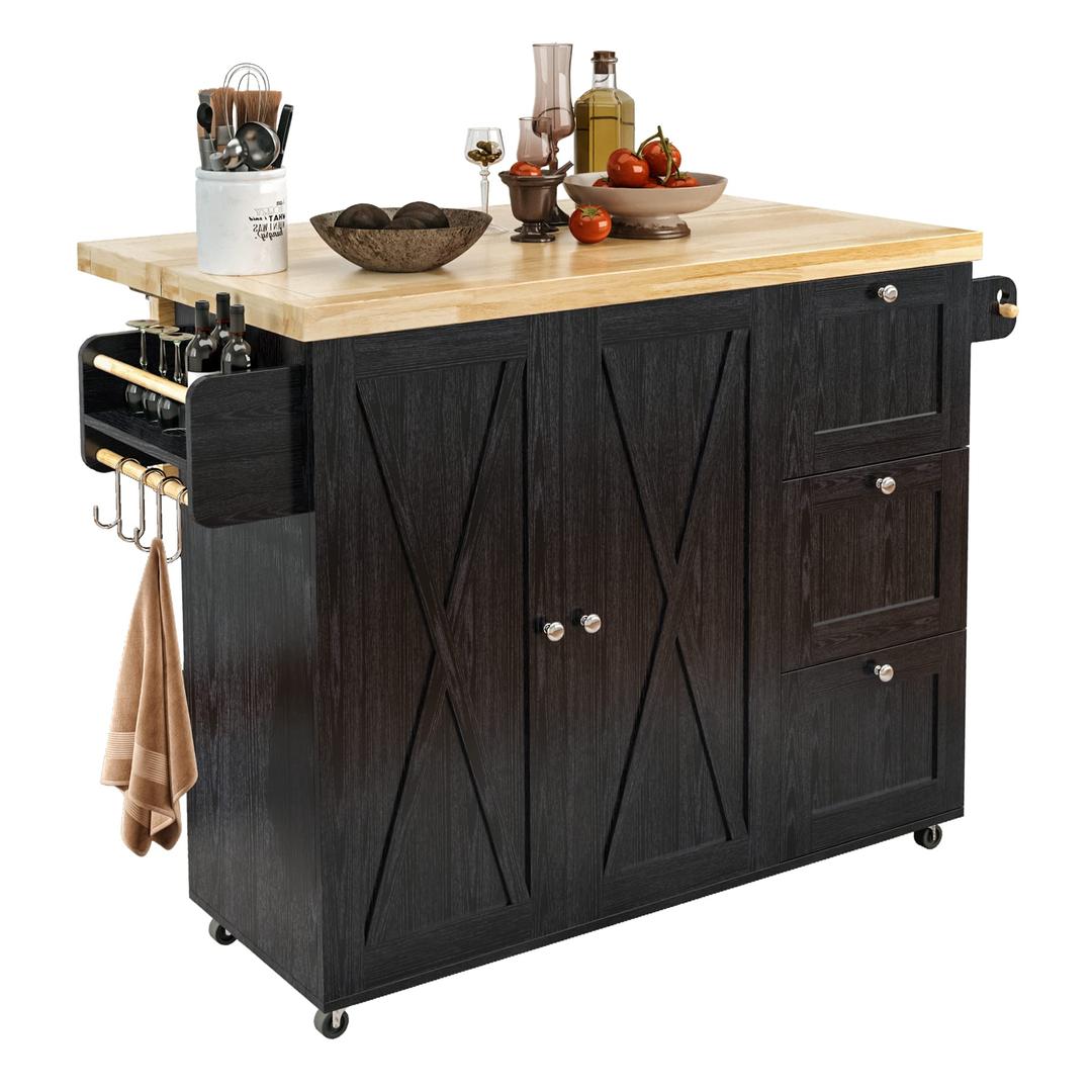 IRONCK Rolling Kitchen Island Cart with Drop-Leaf Countertop, Barn 3Drawers, Barn Door Style Cabine,Thicker Rubberwood Top, Spice Rack, on Wheels, for Kitchen and Dining Room, Black