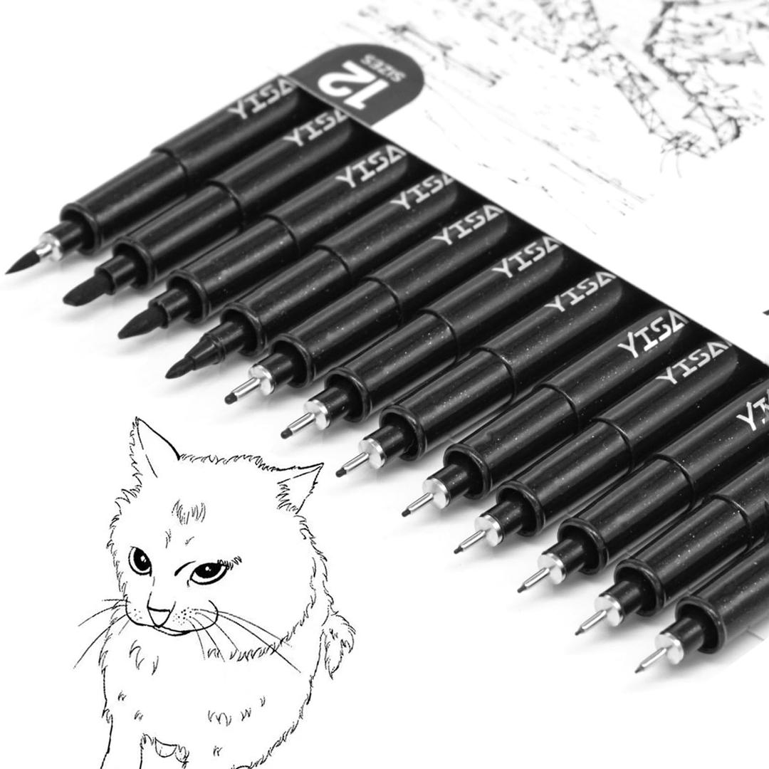 YISAN Black Drawing Pens,12 Art Pens Set,Fineliner Ink Pens,Micro-Pens,Manga Markers,for Sketching,Technical Drawing 902195