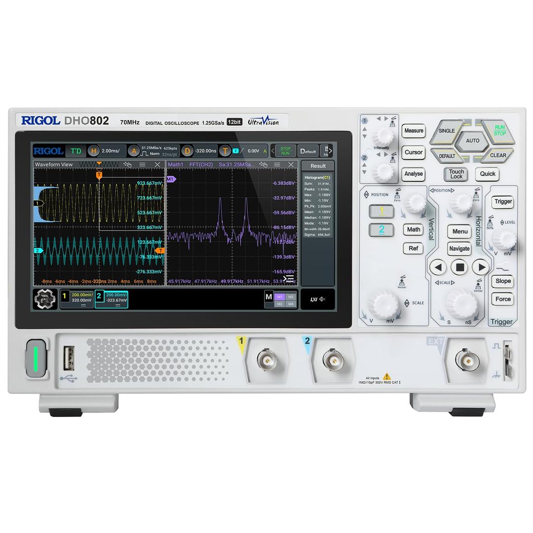 RIGOL Digital Oscilloscope DHO802 70MHz Frequency Band + 12-bit Vertical Resolution + Maximum 1.25 GSa/s Sample Rate + 1000,000 wfms/s Waveform Capture Rate + 2 Analog Channels