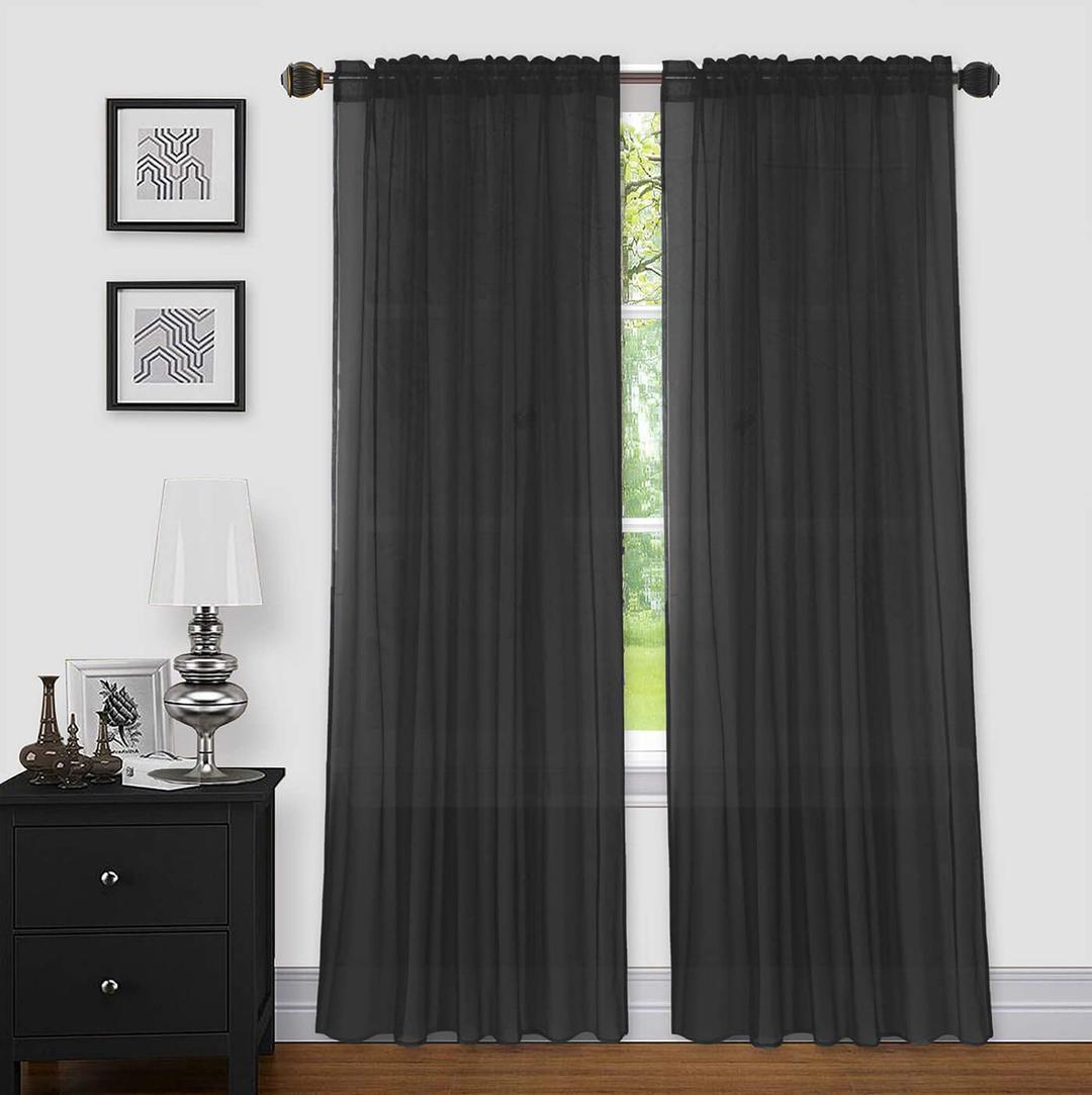 Sapphire Home Black Sheer Curtains - 2 Panels Set, 54" x 84", Transparent, Light Filtering Privacy Voile Drapes, Sheer Window Curtains for Living Room, Bedroom, Kitchen, Dining Room - Black