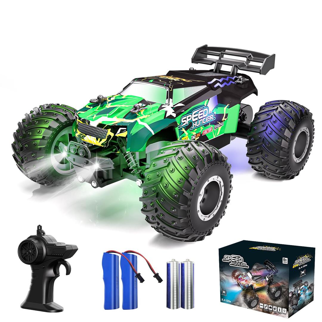 Remote Control Car RC Cars All Terrain Monster Truck, Outdoor 2WD Off Road Hobby RC Truck with 2 Rechargeable Batteries and Colorful Light, 20Km/h Fast RC Car Toys Gift for Kids Boys