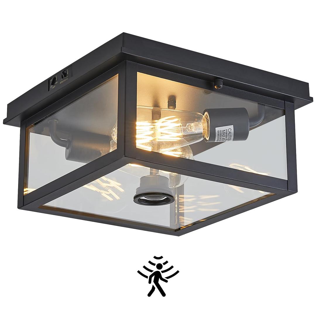 Adjustable Motion Sensor Ceiling Light Fixture Outdoor Modern Design of Squares Flush Mount 2-Light Textured Black with Clear Glass for Your Porch,Garage,Patio,Hallway,Front and Back Yards