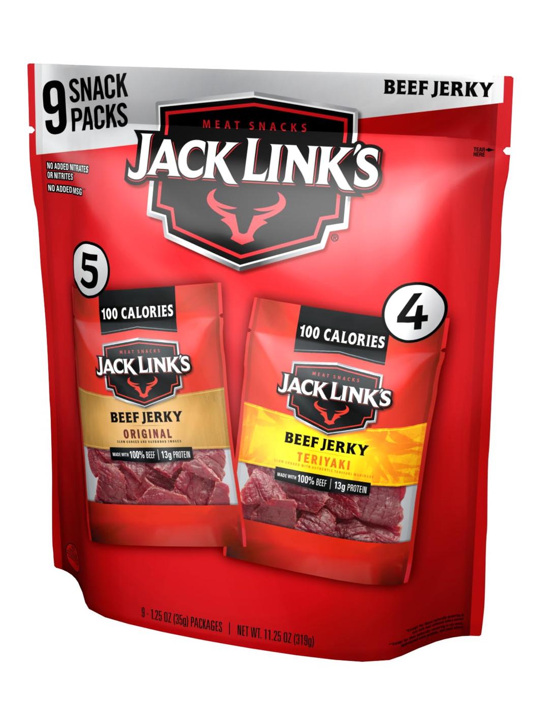 Jack Link'sBeef Jerky Variety Pack - Includes Original and Teriyaki Flavors, On the Go Snacks, 13g of Protein Per Serving, Great Stocking Stuffers, Holiday Gifts for Men, 1.25 Oz (Pack of 9)