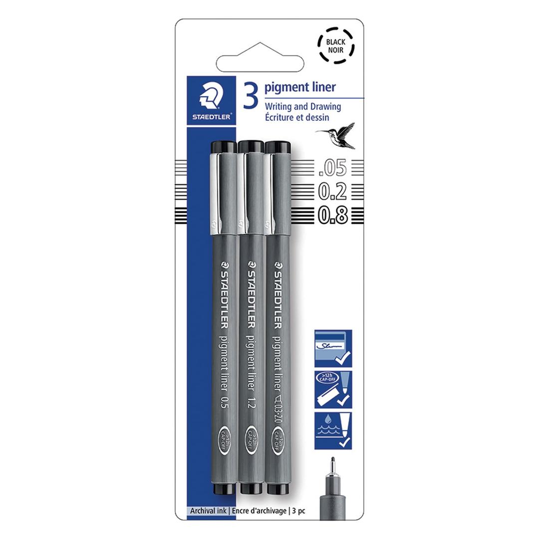 STAEDTLERPigment Liner Pack, Black, 3 Pens, Assorted Line Widths 0.05mm/0.2mm/0.8mm, 308-9SBK3