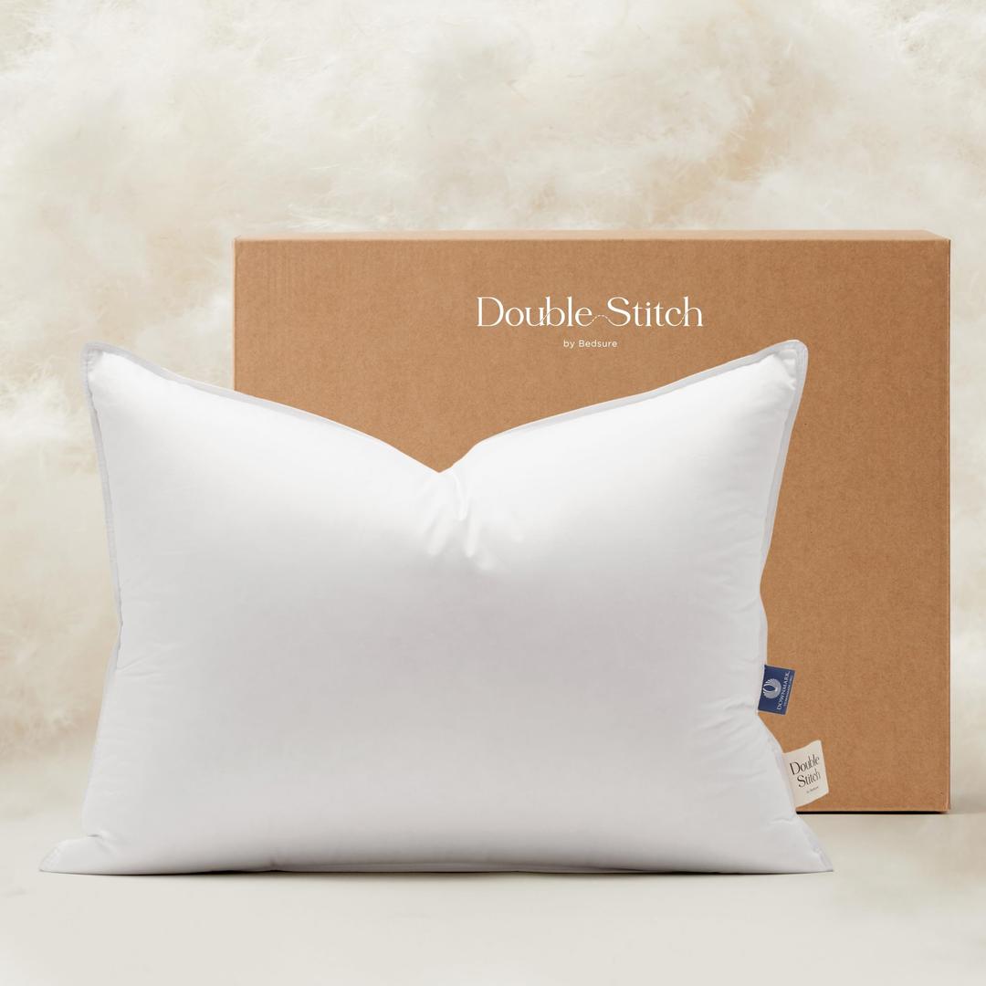 Double Stitch by Bedsure Luxury US White Down Pillow - Made in Canada, 400 Thread Count 100% Cotton Shell, 700 Fill Power Down Bed Pillow, Soft Sleeping Pillow 3-Chamber, Soft, King(20" x 36")