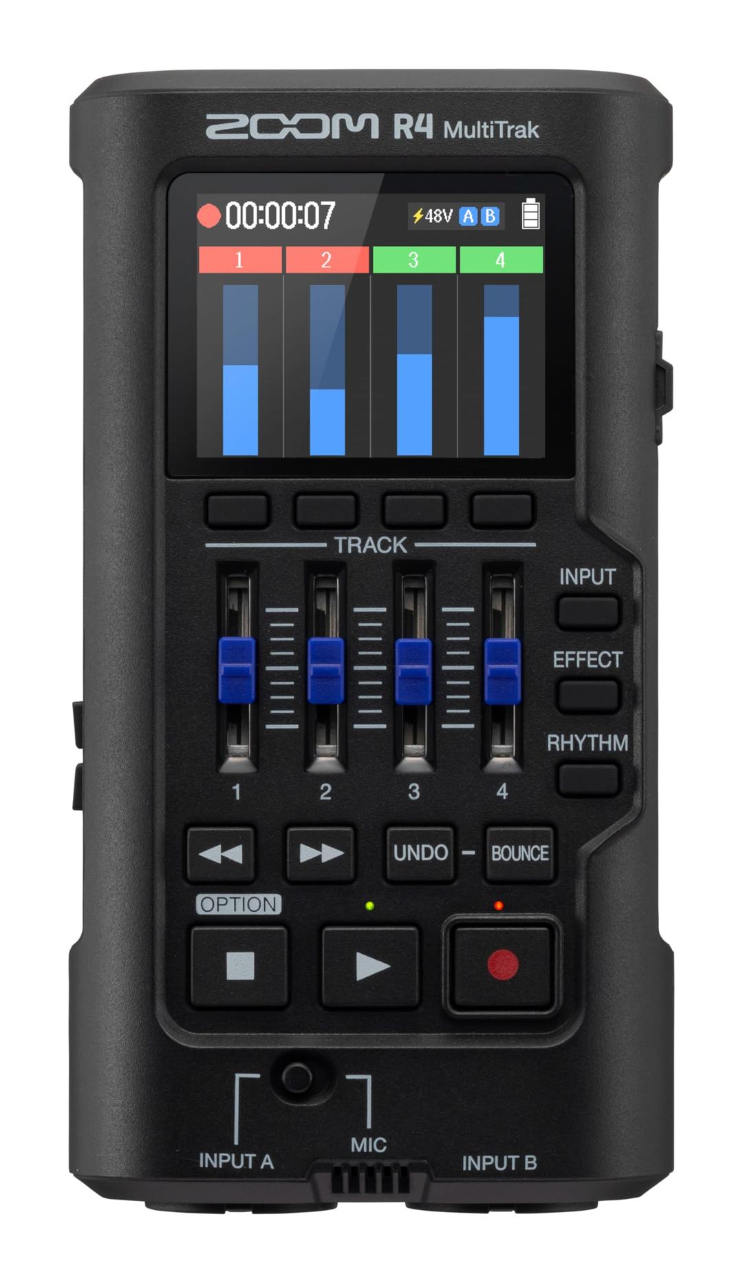 ZoomR4 MultiTrak 32-Bit Float Recorder with Stereo Bouncing, 2 XLR/Combo Inputs, Built-In Microphone, Effects, Rhythms, Battery Powered, and Audio Interface