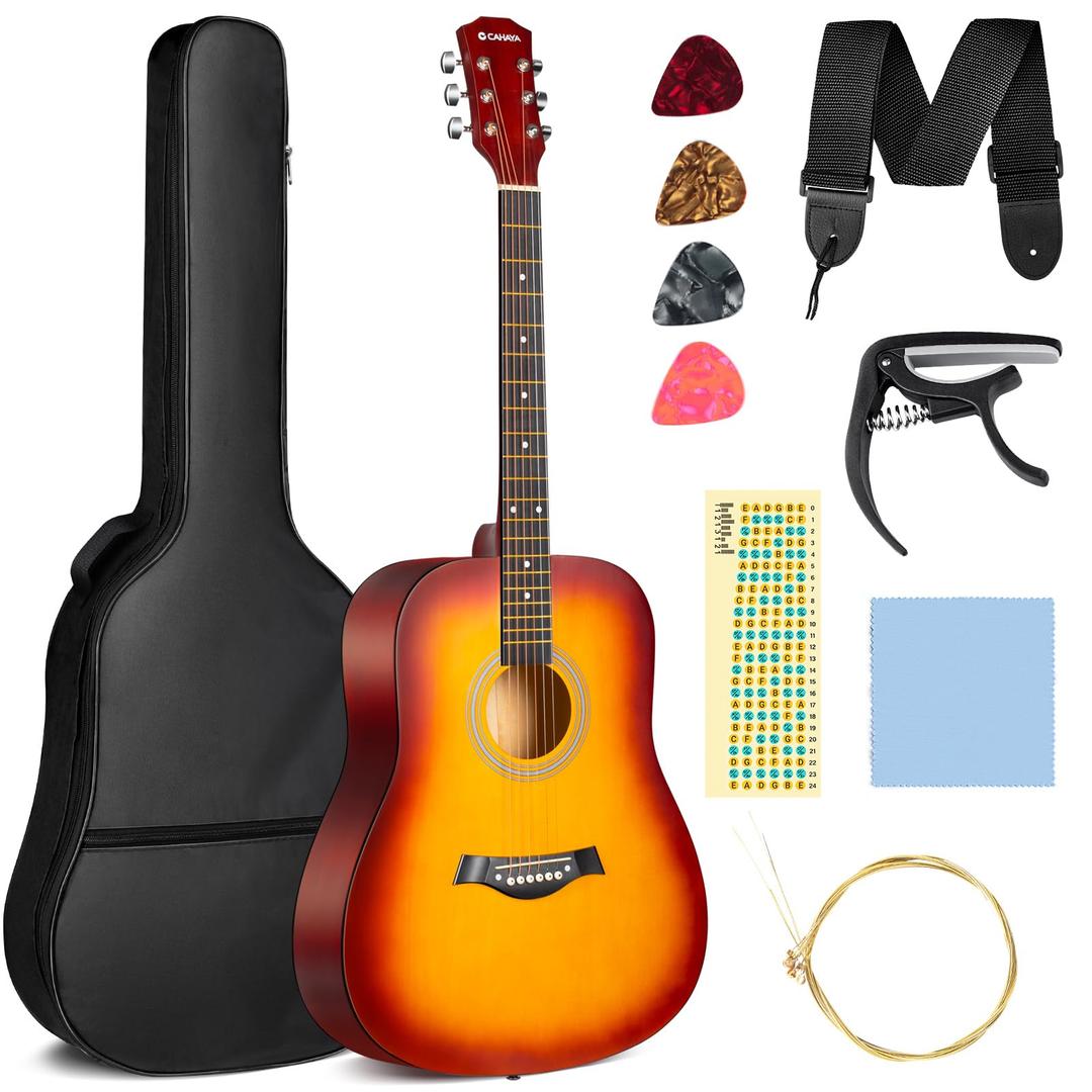 CAHAYAAcoustic Guitar For Beginner 41-inch - Full Size Wood Guitar Kit for Kids and Adults with Guitar bag Brass strings Capo String Pick and Clean Cloth for Gift CY0353