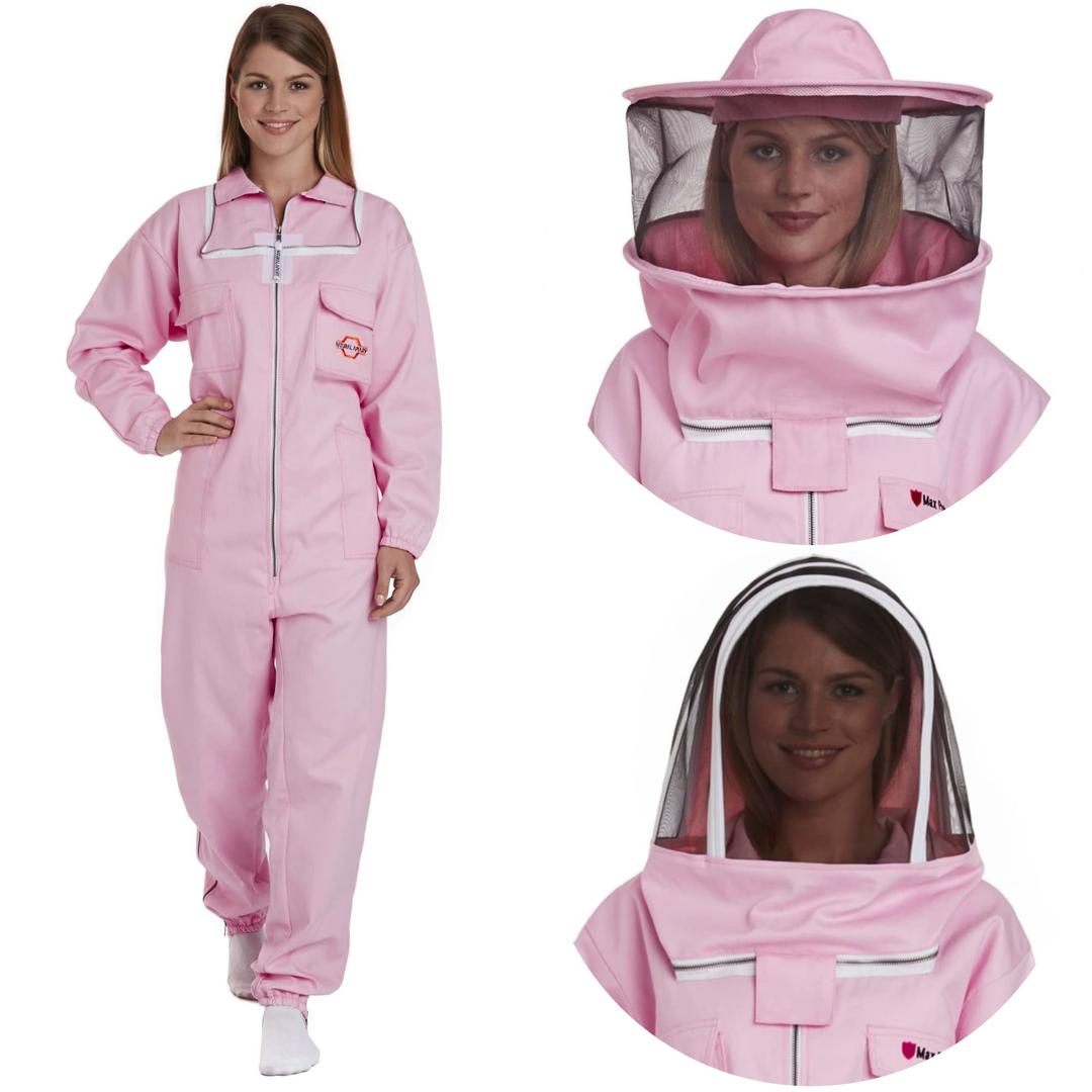 Natural Apiary Max Pro Cotton Suit Includes 2 x Non-Flammable Veils (Round & Fencing) Maximum Sting Protection for Professional & Beginner Beekeepers, 3X Large, Pink