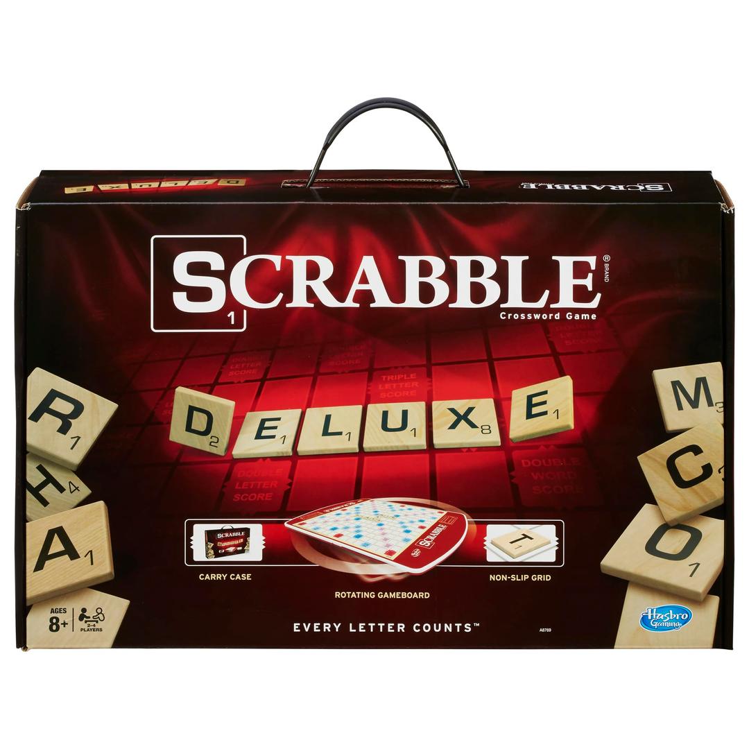 Hasbro GamingScrabble Deluxe Edition Letter Tiles Word Game | Rotating Board and Carrying Case | Ages 8+ | 2-4 Players | Classic Family Travel Games