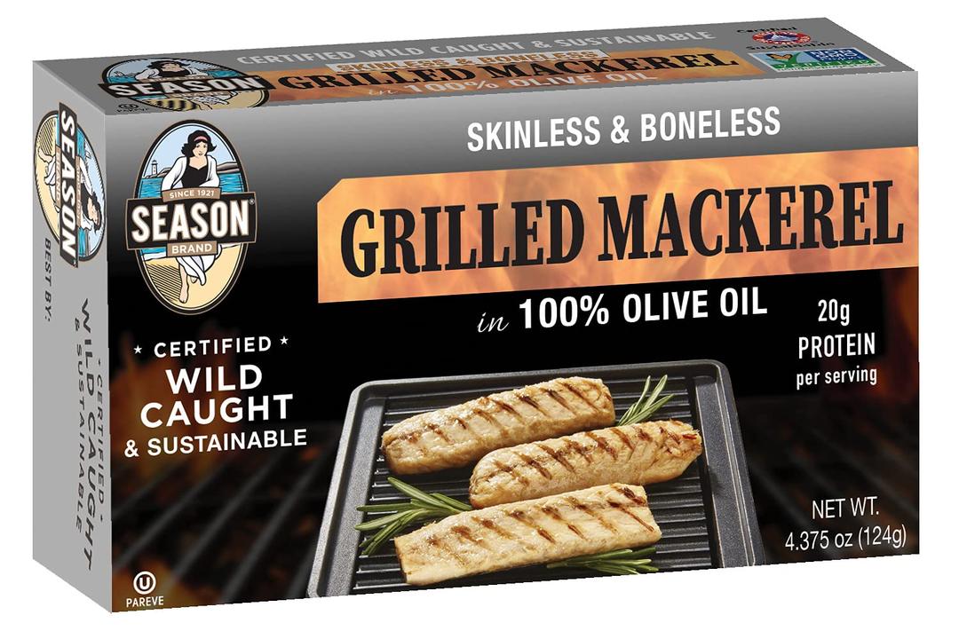 Season Grilled Mackerel in Olive Oil – Skinless & Boneless Mackerel Fillets, Wild Caught, Keto Snacks, Full of Vitamins, Low in Mercury, Kosher, Non-GMO, 20g of Protein – 4.37 Oz, 12-Pack