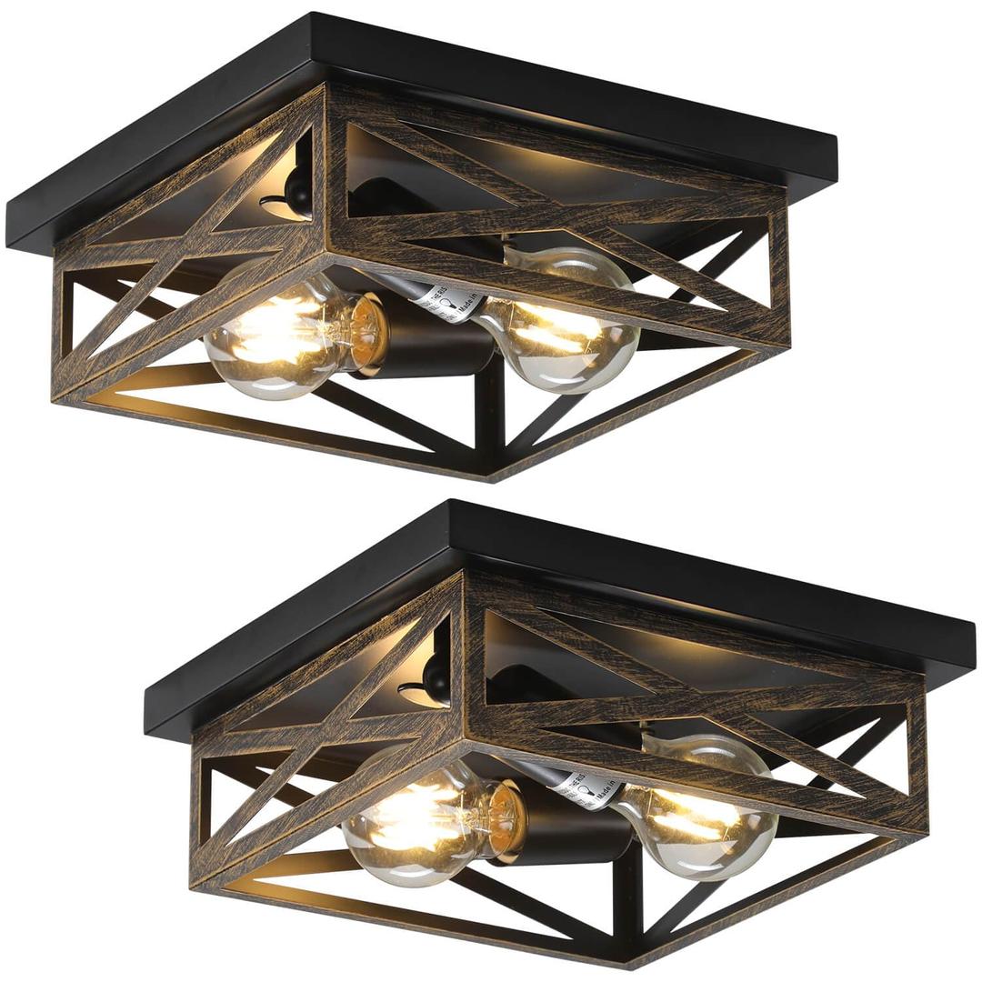 DIKAIDA 2Pack Rustic Flush Mount Ceiling Light Fixture, Modern Farmhouse Light Fixture, Kitchen Hallway Light Fixtures for Bedroom,Dining Room Entryway,Industrial Metal Cage Ceiling Light