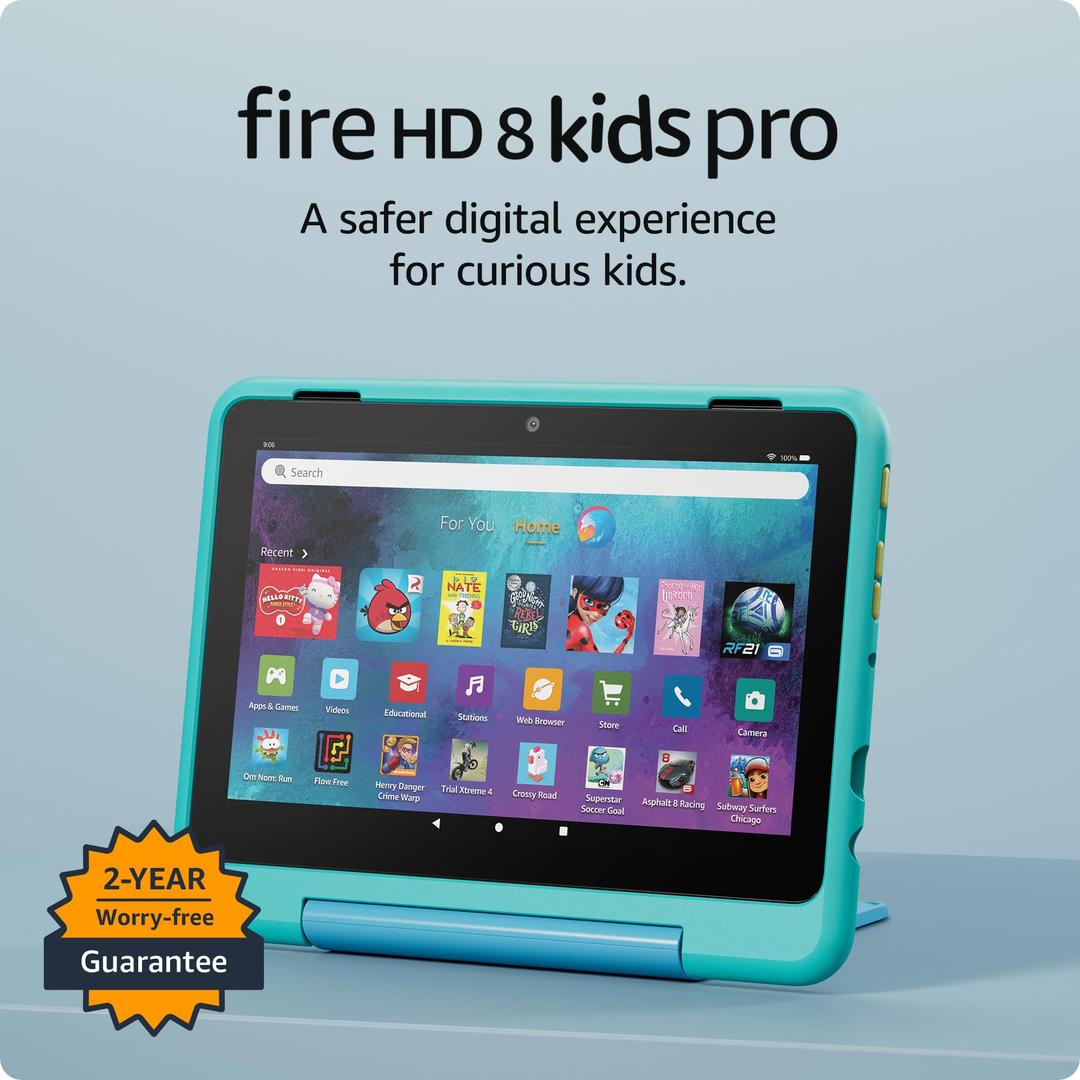 New Amazon Fire HD 8 Kids Pro tablet, ages 6-12. Bright 8" HD screen, includes ad-free content, parental controls, 13-hr battery, slim case for older kids, 32GB, Hello Teal, (2024 release)