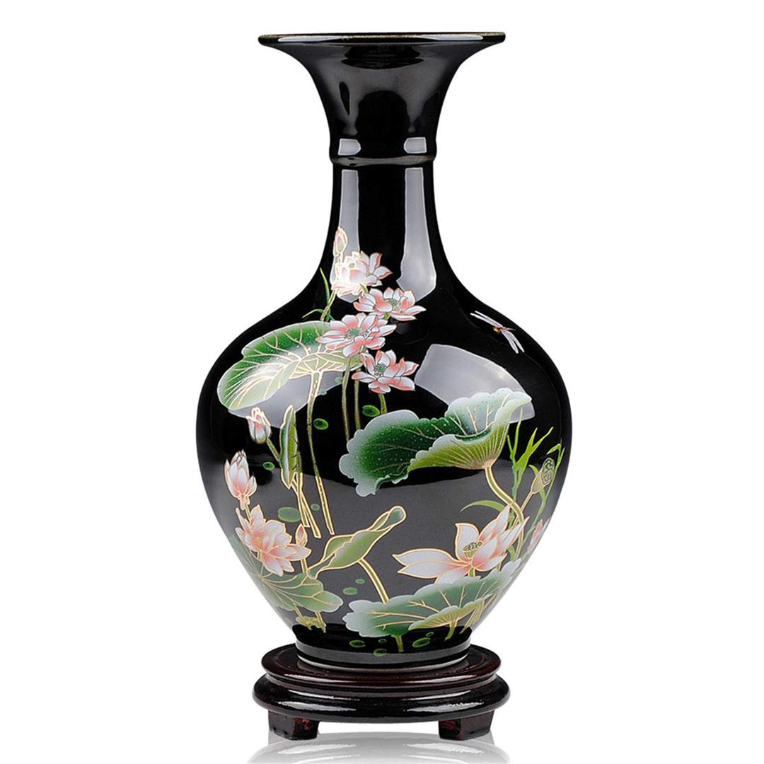 Meightai 9.45'' China Style Decorative Vase, Classic Ceramic Vases for Art Home Decoration, Chinese Retro Porcelain Ceramic Vase with Base, Beauty Lotus Flower Painting, Black