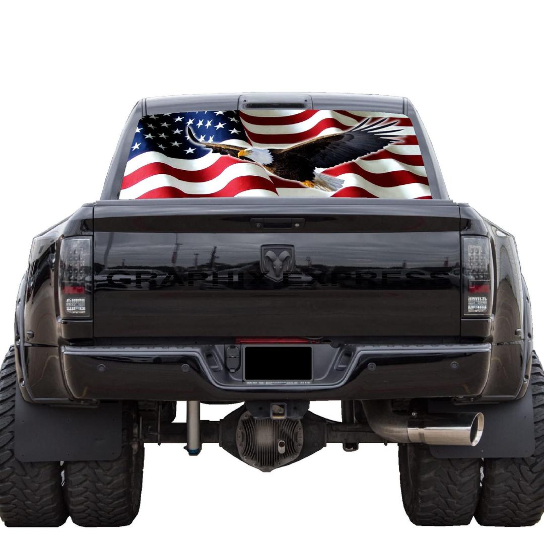 GRAPHIX EXPRESS Truck Back Window Graphics - Bald Eagle American Flag Decal (P325) - USA Flag with Eagle - Universal See Through Rear Window Vinyl Wrap - Full Window Decals for Trucks