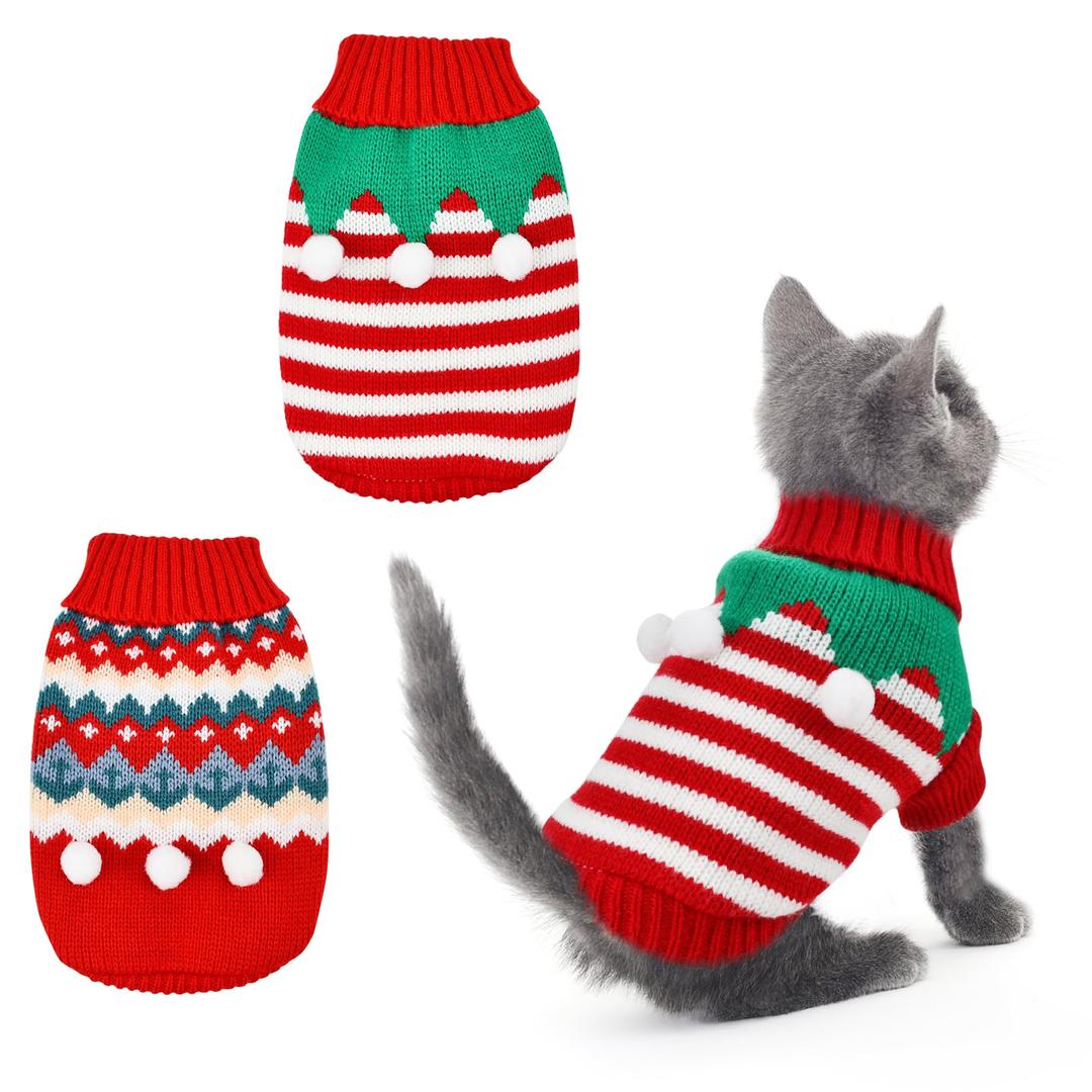 2PCS Puppy Christmas Sweater Cat Turtleneck Knitwear Xmas Elf Outfits Dog Warm Clothes Sweater for Kitties Puppies S