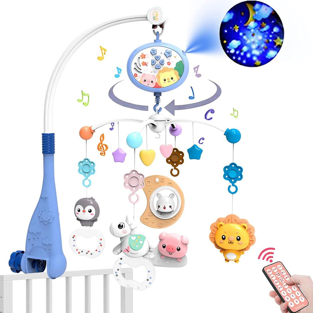 Baby Crib Mobile Toy with Music and Lights, Moon Star Projector and Cartoon Rattles, Remote Control Musical Box,Mobile for Crib with Remote Control for Boys Girls 0-6 Months (Moon animal projection)