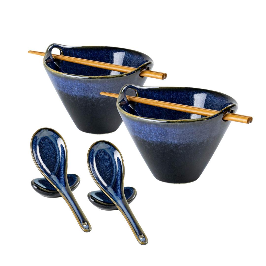 UNICASA Japanese Ramen Bowl Set with Chopsticks, Spoons and Rests, 20oz Deep Porcelain Noodle Bowl Set of 2 for Udon, Pho, Salad, Soup (Reactive Blue)