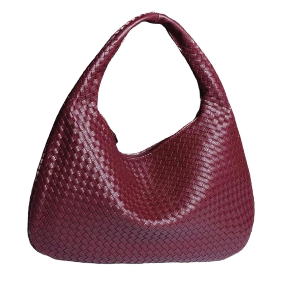 Burgundy Vegan Leather Shoulder Bag for Women Large Woven Burgundy Purse Tote Bag Hobo Travel Handbag Braided Purse