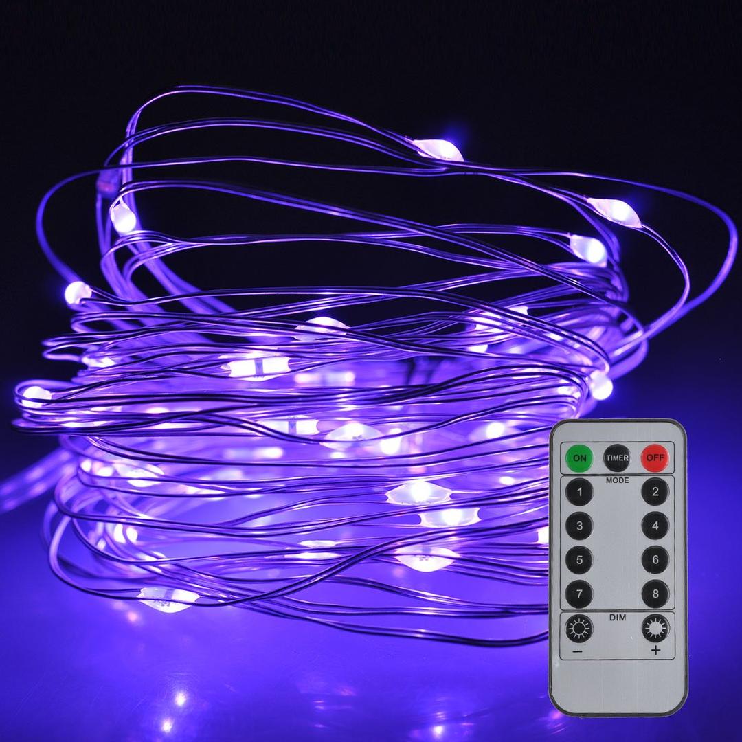 Fairy String Lights 5 Meters/16.4 feet 50 LED Silver Wire Light with Remote Control Dimmer 8 Modes SATUBROWN Battery Operated Waterproof Lighting Jars Tables Valentines Decorations (Purple)