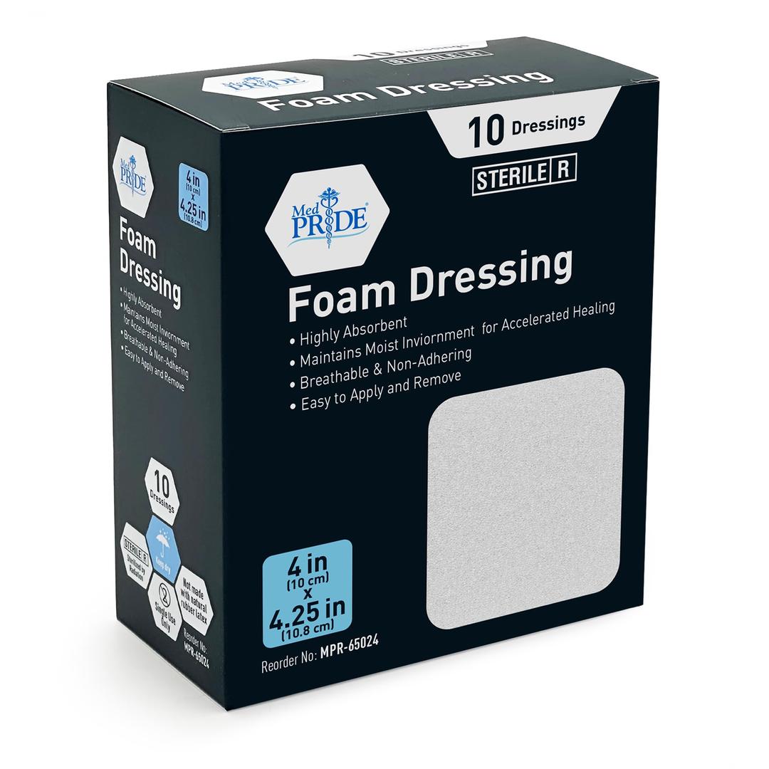 MED PRIDEFoam Dressings -10 Pack, 4'' X 4.25'' - Sterile, Hydrophilic, Highly Absorbent- Soft, Non-Adhesive Pads, Waterproof Dressing for Wound Care & Ulcers, Post Op Trauma + Injuries