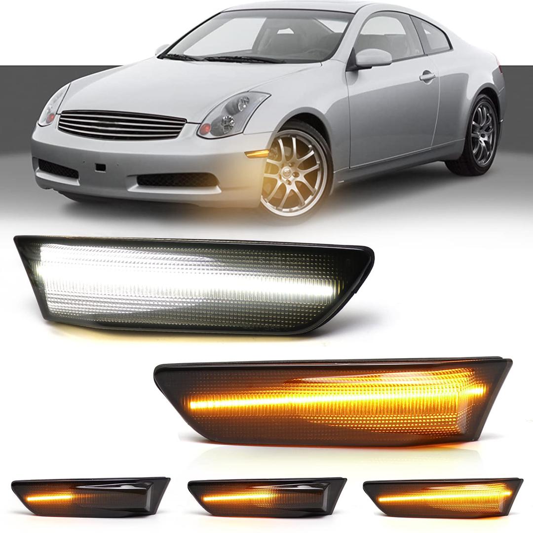 FetonAuto Switchback Amber White LED Side Marker Lights for Infiniti G35 Coupe Skyline V35 2003-2007, Smoked Lens Sequential Front Bumper Turn Signals Driving Light Assembly