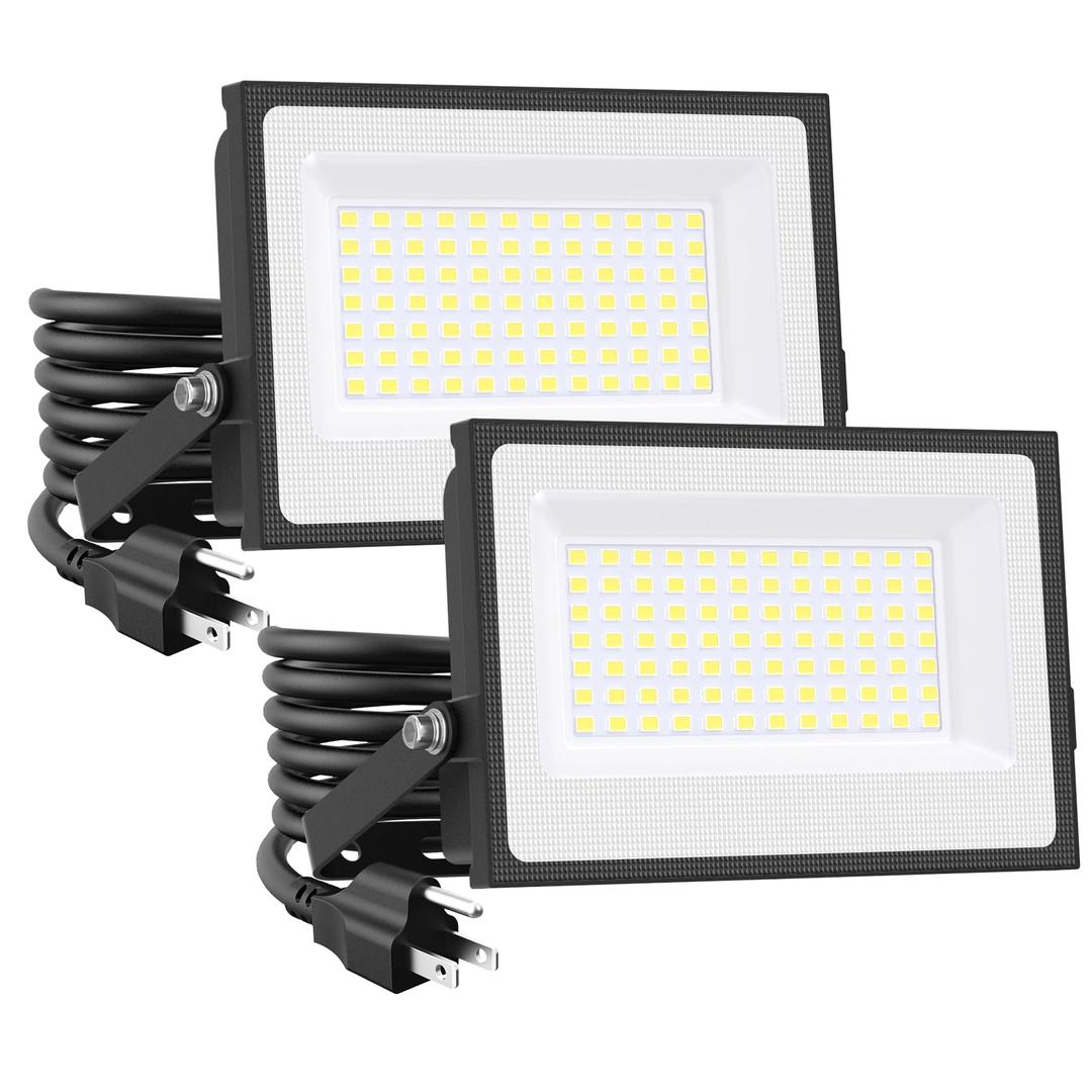 Onforu 60W Flood Lights Outdoor, 6000lm Bright LED Work Light with Plug, 6500K Daylight White LED Flood Light Outdoor, IP66 Waterproof Security Lights Yard Lights for Yard Garage Stadium 2 Pack