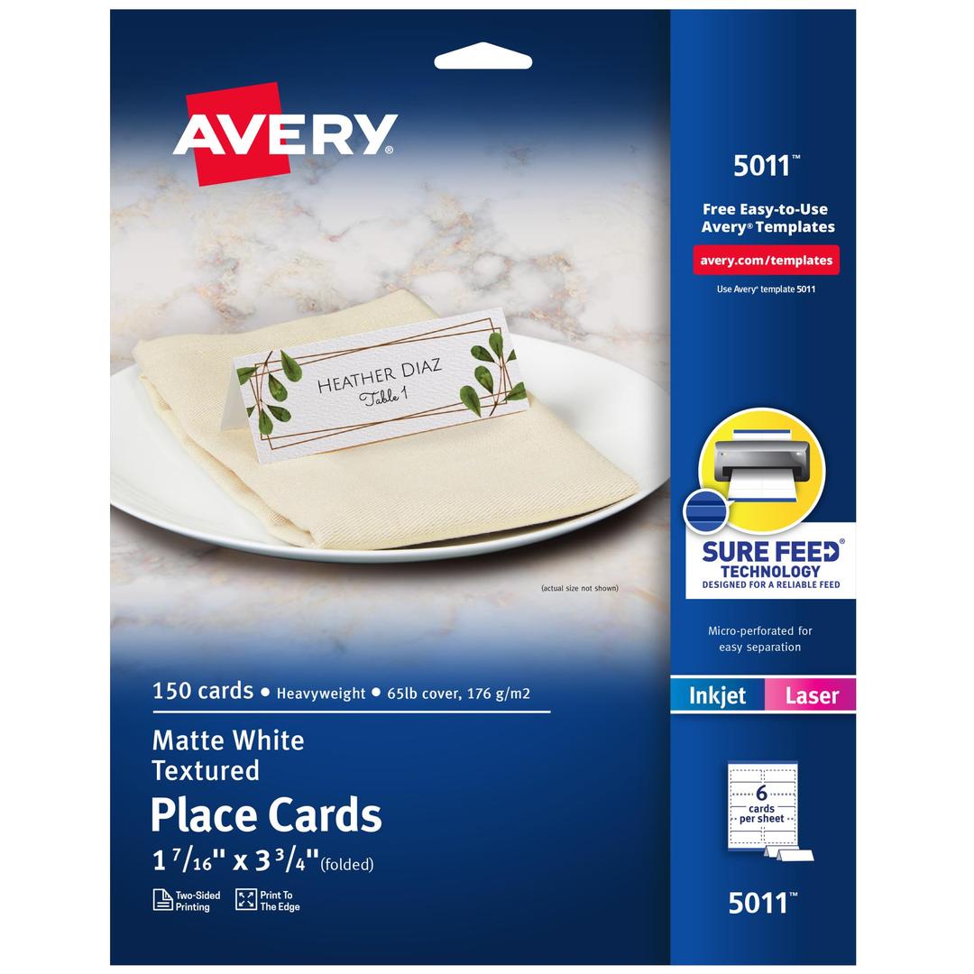 Avery Printable Place Cards with Sure Feed Technology, 1-7/16" x 3-3/4", Matte White, 150 Blank Tent Cards for Laser or Inkjet Printers (5011)