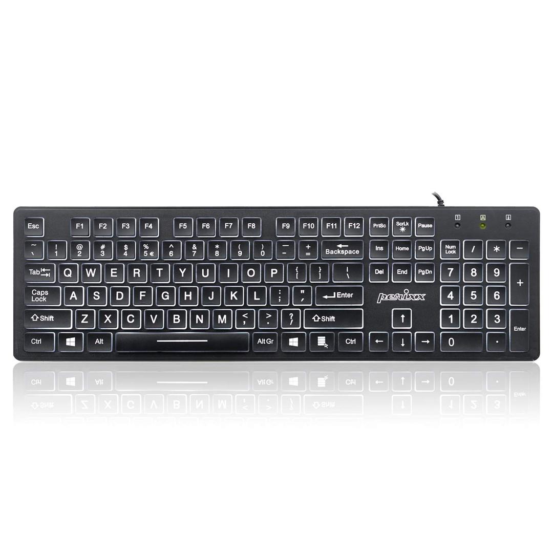 Perixx PERIBOARD-317 Wired Backlit USB Keyboard, Big Print Letter with White Illuminated LED, US English Layout,Black