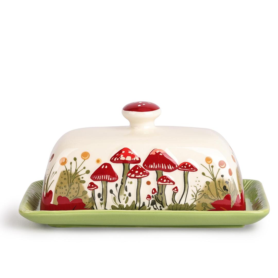 Fungi Fun Mushroom Butter Dish With Lid For Countertop Ceramic Butterdish, Red Mushroom Butter Container, Butter Tray Large Butter Dish Covered (White, Standard)