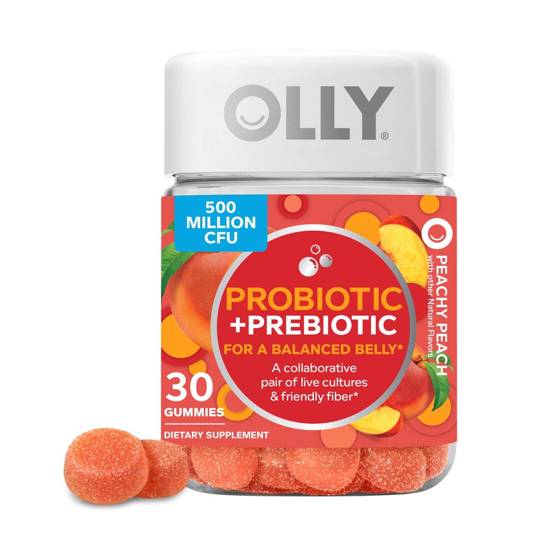 OllyProbiotic + Prebiotic Gummy, 30 Day Supply (30 Gummies), Peachy Peach, Probiotics, Live Cultures, Prebiotic Fiber, Chewable Supplement