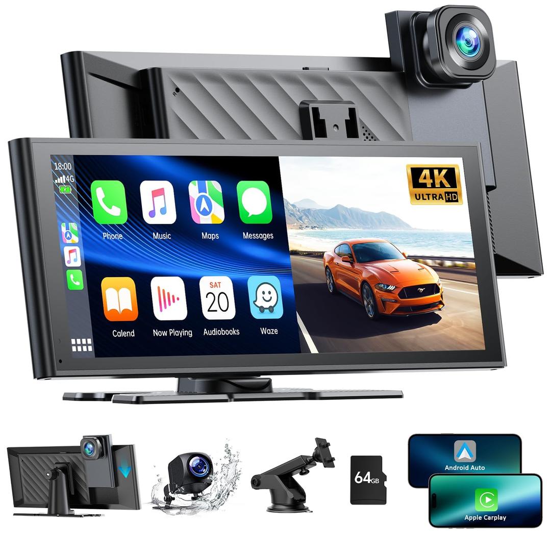 LAMTTO Wireless Carplay &Android Auto with 4K Dash cam,9.26 Inch Protable Carplay Screen for Car,1080P Backup Camera, Digital Media Receivers with Voice Control/Bluetooth/G-Sensor/GPS/Mirror Link