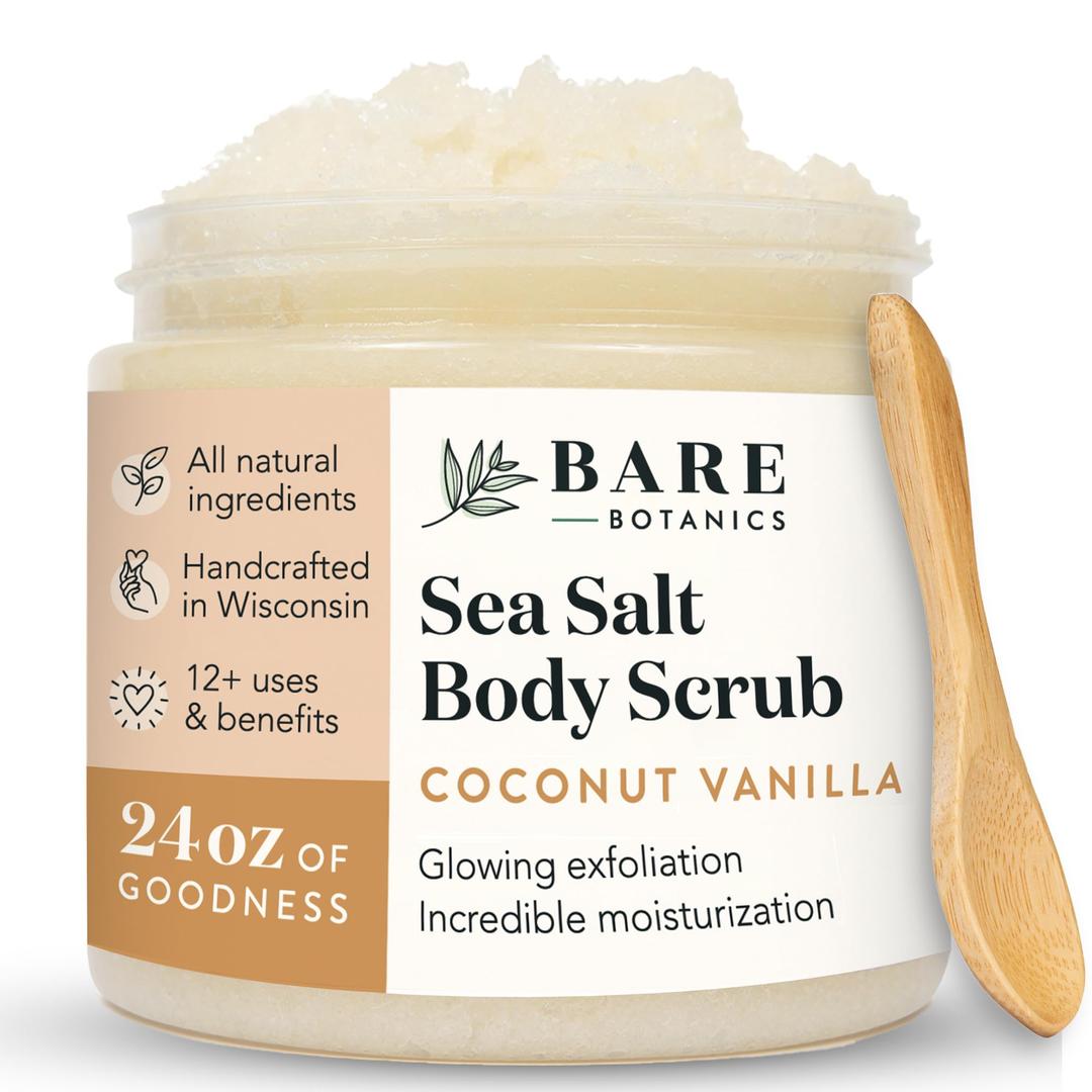 BARE BOTANICSCoconut Vanilla Body Scrub 24oz | Made in Madison, WI | All Natural Sea Salt Exfoliator w/ Skin Loving Moisturizers | Vegan & Cruelty Free | Gift Ready Packaging w/ a Cute Wooden Spoon