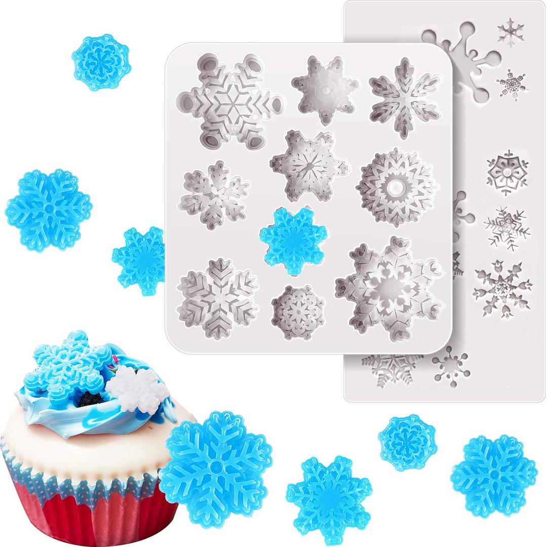 2 Pieces 3D Snowflake Fondant Mold Christmas Snowflake Silicone Cake Candy Mold for Cake Cupcake Polymer Clay Crafting Project (Gray White)