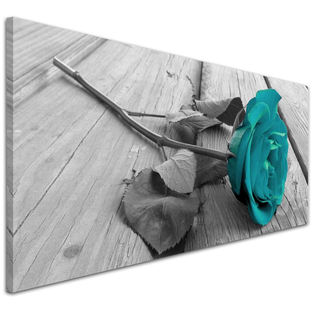 Wallfillers Modern Black and White Canvas Wall Art of a Teal Rose Flower - Floral Canvas Pictures - 1037-118x49cm