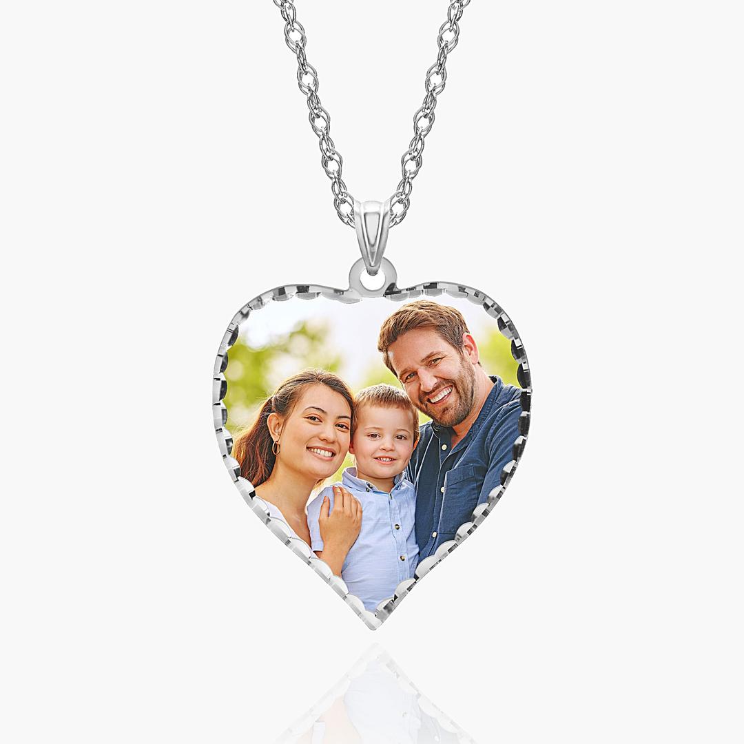 PicturesOnGold.comPersonalized Photo Engraved Heart Shaped Picture Necklace with Diamond Cut Edge in Silver, Gold, White Gold or Rose Gold - 1 Inch x 1 Inch