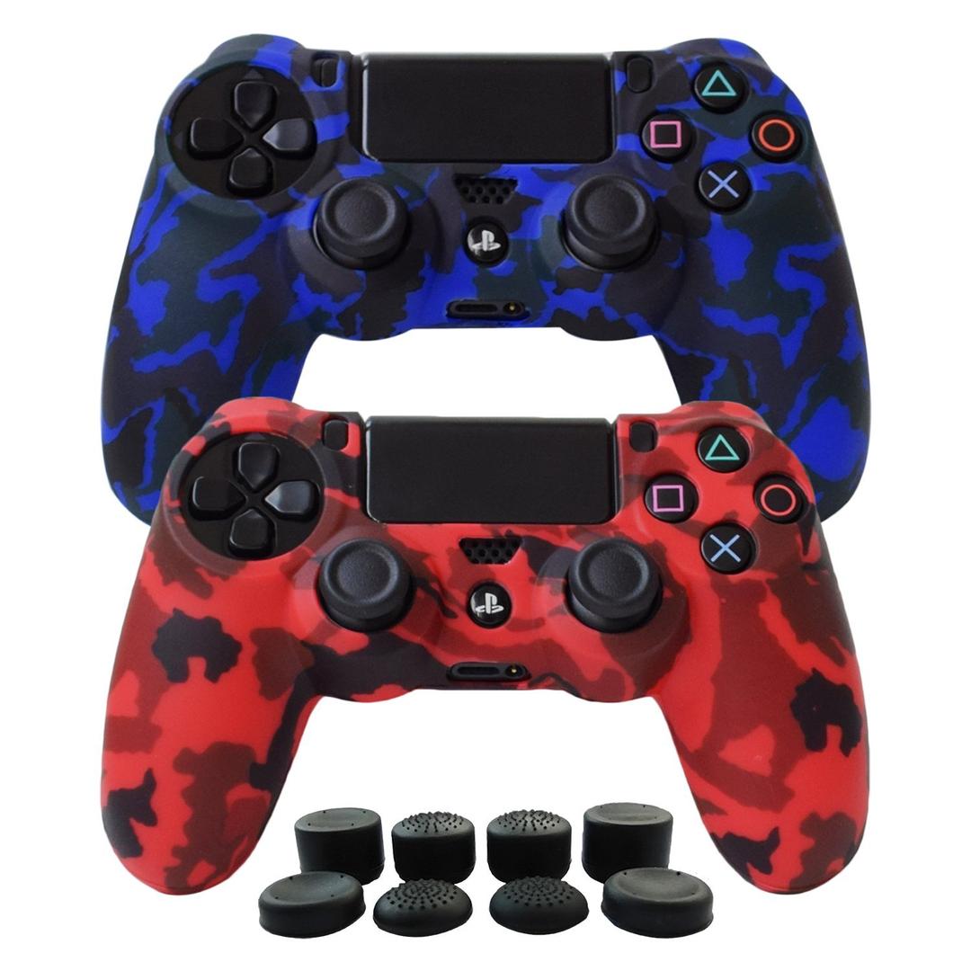 Hikfly Silicone Gel Controller Cover Skin Protector Compatible for Sony PlayStation 4 PS4/PS4 Slim/PS4 Pro Controller (2X Controller Camouflage Cover with 8 x FPS Pro Thumb Grip Caps)(Red,Blue)