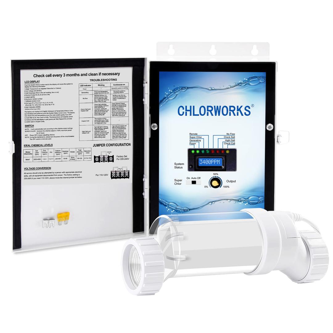 CHLORWORKS Salt Chlorine Generator- Salt Water Pool Chlorinator System up to 40K Gallon Swimming Pool, Easy Operation, 1 Year Warranty