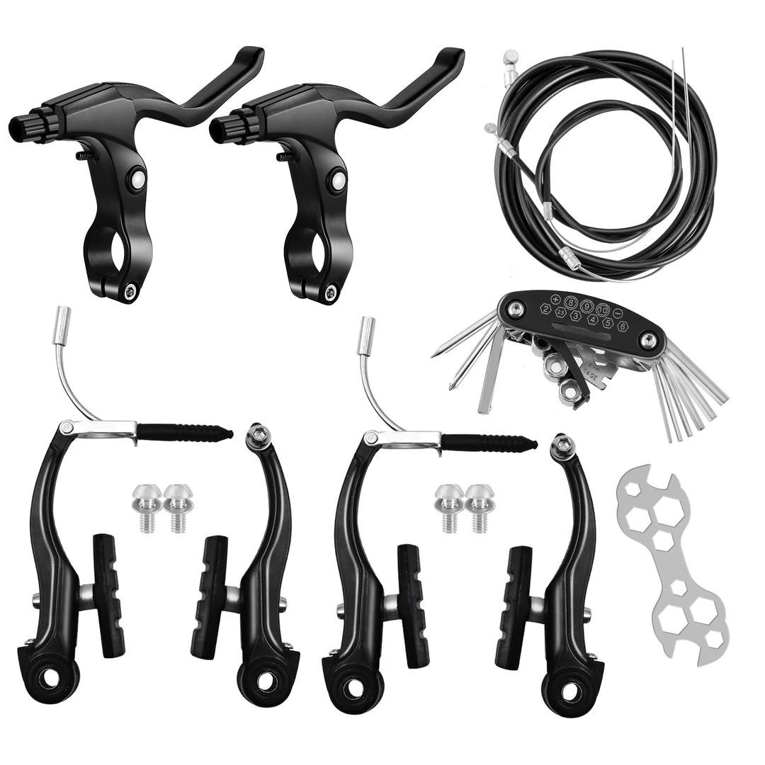 Bike Brakes Set, Complete Brake kit for Most Bicycles Mountain Bike, Front and Rear Bike MTB Hybrid Brake, Callipers Cables Lever Kit, Multi-Tool Wrenches - Black