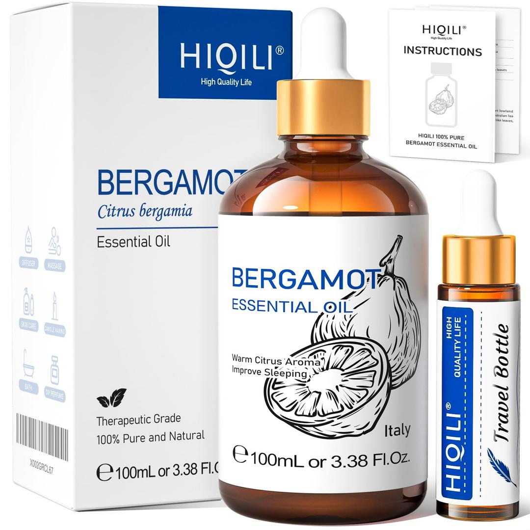 HIQILI Bergamot Essential Oil for Skin, Diffuser & Deodorize, 100% Pure and Natural - 3.38 Fl Oz